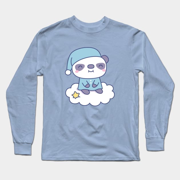 Cute Little Panda In Pajamas On Cloud Long Sleeve T-Shirt by rustydoodle